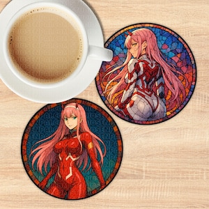 Mecha Darlings Zero Three - Anime Drink Coasters - Stained Glass Anime Coaster Set | Perfect for Fans | Anime Collectibles | Studio Senpai