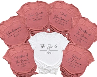 T-shirt EVJF, nom personnalisé, t-shirts de demoiselle d'honneur, chemises assorties pour la mariée de l'équipe, haut escouade mariée
