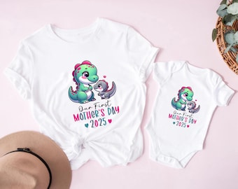 Nos premières chemises pour la fête des mères, 1ère chemise assortie dinosaure pour la fête des Mères, cadeau fête des mères nouvelle maman, mère et bébé, cadeau bébé nouvelle maman