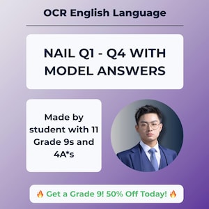 May include: Image features text: "OCR English Language, NAIL Q1 - Q4 WITH MODEL ANSWERS, Made by student with 11 Grade 9s and 4A*s, Get a Grade 9! 50% Off Today!" A man in a blue suit and tie is in a circular photo.