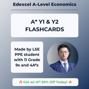 以下が含まれることがあります： Edexcel Aレベル経済学のフラッシュカードのプロモーション画像。画像には「A* Y1 & Y2 FLASHCARDS」と「Made by LSE PPE student with 11 Grade 9s and 4A*s」というテキストが含まれています。スーツを着た男性が円形のフレームに入っています。「Get an A*! 50% Off Today!」というテキストも表示されています。