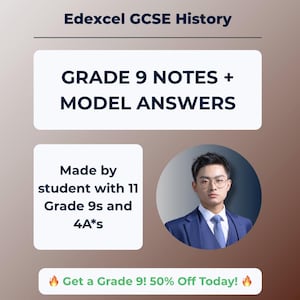 May include: An advertisement for Edexcel GCSE History notes and model answers. The text reads "GRADE 9 NOTES + MODEL ANSWERS" and "Made by student with 11 Grade 9s and 4A*s." A person in a blue suit is in a circular photo. The text "Get a Grade 9! 50% Off Today!" is also present.