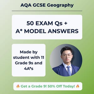May include: An advertisement for AQA GCSE Geography revision resources. The image includes the text "50 EXAM Qs + A* MODEL ANSWERS" and "Made by student with 11 Grade 9s and 4A*s." A portrait of a man in a suit is also included.