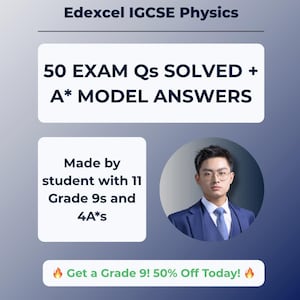 May include: An advertisement for Edexcel IGCSE Physics study materials. The image features text that reads "50 EXAM Qs SOLVED + A* MODEL ANSWERS" and "Made by student with 11 Grade 9s and 4A*s." A man in a suit is in a circular frame. The text "Get a Grade 9! 50% Off Today!" is also present.