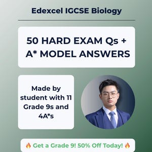 Puede incluir: Un anuncio de material de estudio de Biología Edexcel IGCSE. La imagen presenta el texto "50 HARD EXAM Qs + A* MODEL ANSWERS" y "Made by student with 11 Grade 9s and 4A*s". Una persona con traje está en un marco circular. También está presente el texto "Get a Grade 9! 50% Off Today!"