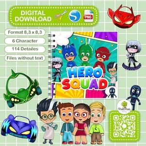 Pode incluir: Gráfico de download digital com personagens de desenhos animados e veículos. A imagem central é um caderno espiral com as palavras "HERO SQUAD". Elementos adicionais incluem um carro verde, um carro azul e várias ilustrações de personagens.