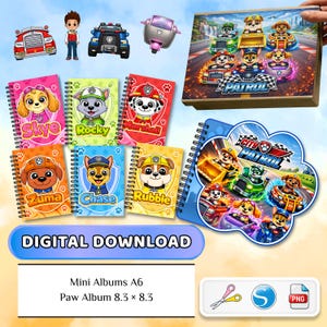 May include: A digital download set featuring Paw Patrol themed mini albums and notebooks. Includes six spiral-bound notebooks with character portraits, a rectangular box, and a paw-shaped album. Text includes "DIGITAL DOWNLOAD", "Mini Albums A6", and "Paw Album 8.3 x 8.3".