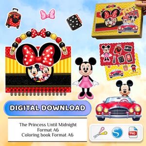 May include: A digital download set featuring a spiral-bound notebook with a red, yellow, and black Minnie Mouse theme, a Minnie Mouse character, a red convertible car, and various stickers. Text includes "DIGITAL DOWNLOAD", "The Princess Until Midnight", and "Format A6".