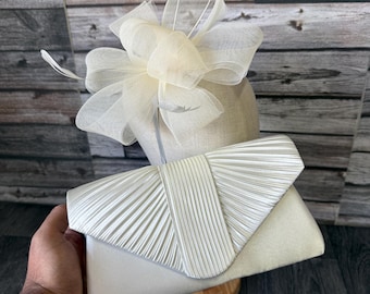 Ivory Cream Fascinator Hat and Clutch Set: Feather Detail Races Weddings