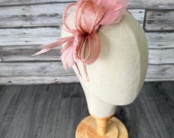 Dusty Pink Fascinator: Small Mini Hat, Handmade Feather Headband, Races Weddings Kentucky Derby