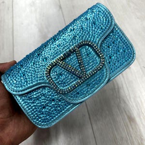 Turquoise blue Crystal Rhinestone Evening Bag with Gold Chain and Handle Strap | Sparkly Crossbody Purse | Luxury Party Clutch for Women