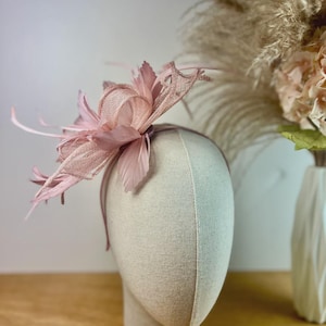 May include: A pale pink fascinator with a flower-like design, incorporating feathers and woven fabric. The headpiece is attached to a headband and displayed on a mannequin head. The background includes dried flowers in a white vase.