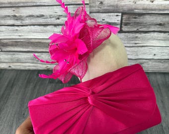 Fuchsia Fascinator Hat & Satin Clutch Bag Set Wedding Races Ascot