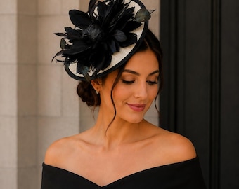 Ivory Cream Black Feather Fascinator: Wedding Hat, Derby Headpiece