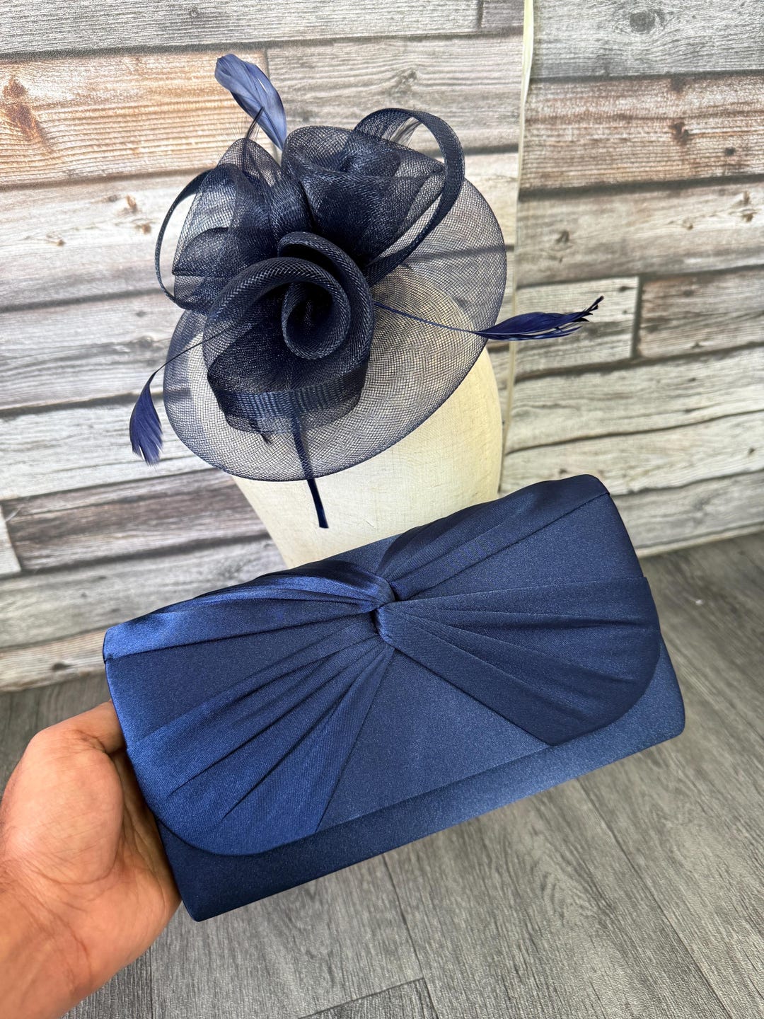 Navy Fascinator Hat and Blush Pink Clutch Set: Feather Detail Races ...
