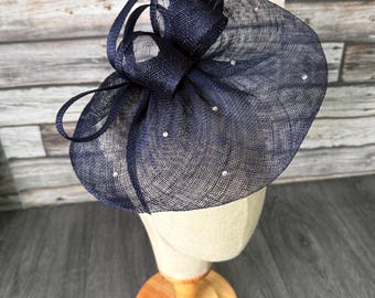 Navy Fascinator Hat: Handmade Feather Hatinator - Races, Weddings, Kentucky, Derby