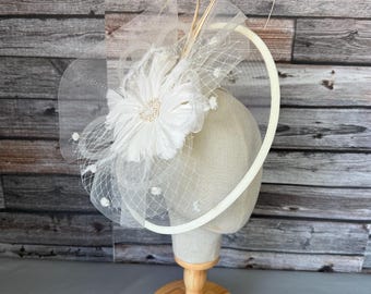 Handmade Ivory Cream Fascinator – Feather Flower Headpiece