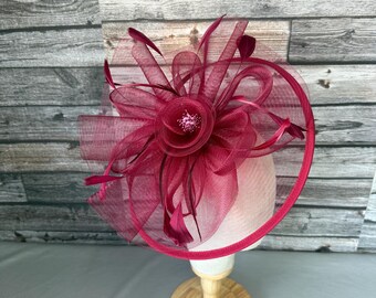Burgundy Beaded Flower Feather Fascinator, Wedding Hat  display picture 2
