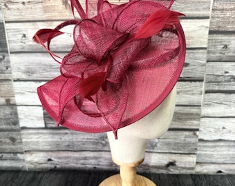 Handmade Burgundy Fascinator with Feathers – Weddings, Races, Royal Ascot, Derby Headpiece