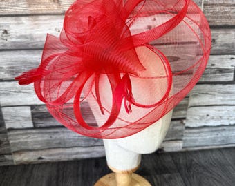 Red Feather Fascinator: Races, Weddings, Tea Party - Headband & Clip, Wedding Hat, Large