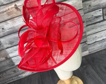 Red Feather Fascinator: Handmade Race Day Hatinator Large Wedding Hat