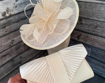 Ivory Cream Fascinator Hat and Clutch Set: Feather Detail Races Weddings