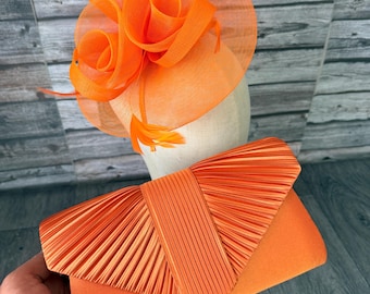 Orange Fascinator and Satin Clutch Bag Set, Handmade Bridal Hatinator Races Royal Ascot Wedding Hat