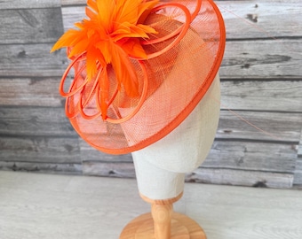 Orange Feather Fascinator: Kentucky Derby Hat, Wedding Headpiece Races Royal Ascot