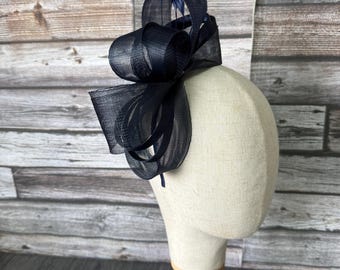 Navy Fascinator Hat: Handmade Feather Hatinator - Races, Weddings