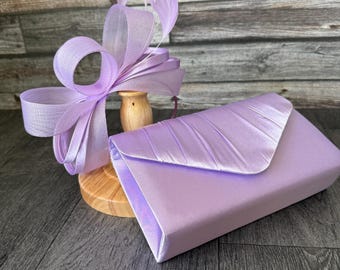 Lilac Feather Fascinator and Clutch Bag Set: Races Weddings Royal Ascot Derby