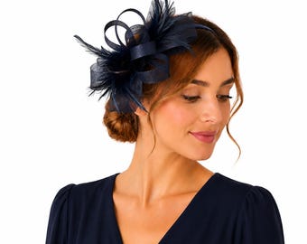 Navy Feather Fascinator Hat: Kentucky Derby, Wedding Guest, Races, Royal Ascot Headpiece