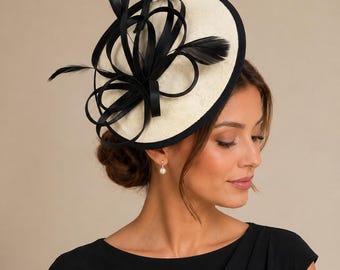 Ivory Cream Feather Fascinator: Kentucky Derby Wedding Headpiece Round Hat