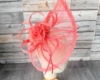 Coral Feather Fascinator: Sinamay Headband & Clip - Races, Weddings, Royal Ascot, Wedding hat