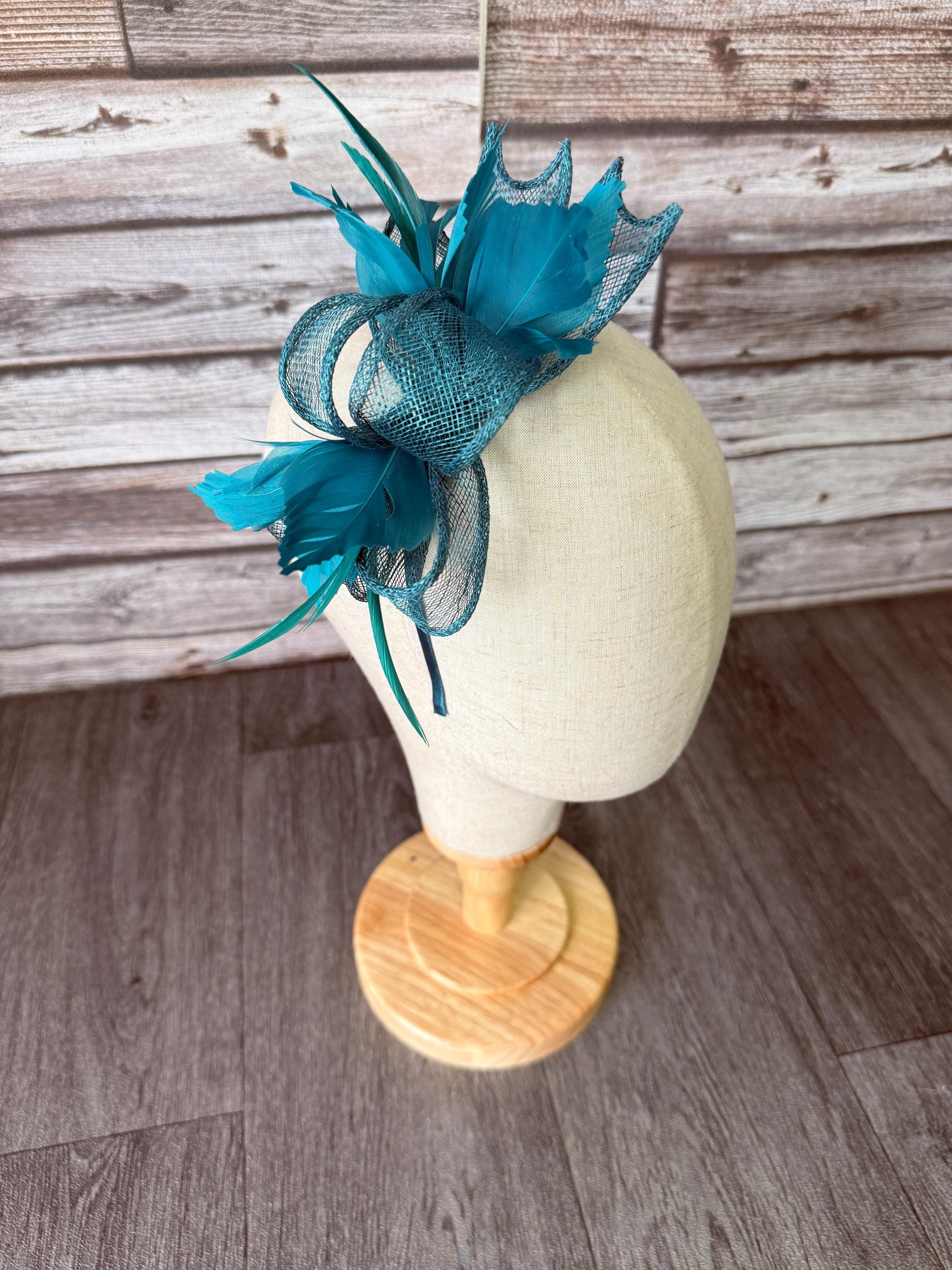 Custom Derby Teal and White Fascinator on headband or can use hair clip kentucky derby hat fascinator peacock blue velvet headband  main image 3