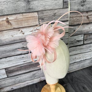 Op de afbeelding: Een lichtroze fascinator met veren en lint, tentoongesteld op een mannequinhoofd. De hoofdband heeft een cluster van zachte veren en delicate lintlussen. De basis is lichtbeige en de standaard is van hout.