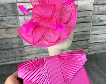 Zestaw: fascynator i kopertówka w kolorze fuksji: kapelusz Races Weddings Royal Ascot Derby