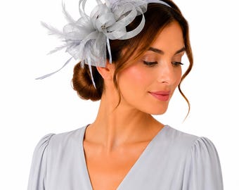 Light Grey Feather Fascinator Hat: Kentucky Derby, Wedding Guest, Royal Ascot Headpiece