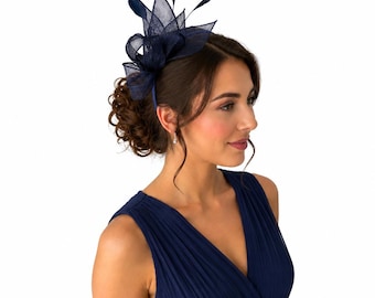 Navy Fascinator Hat Handmade Feather Hatinator Races Weddings Royal Ascot Tea Parties