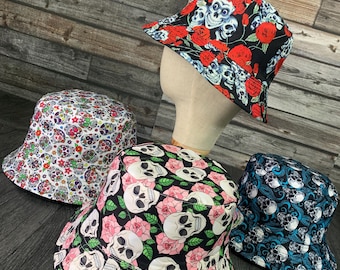 Reversible Skull Pattern Bucket Hat, 100% Cotton Unisex Summer Hat