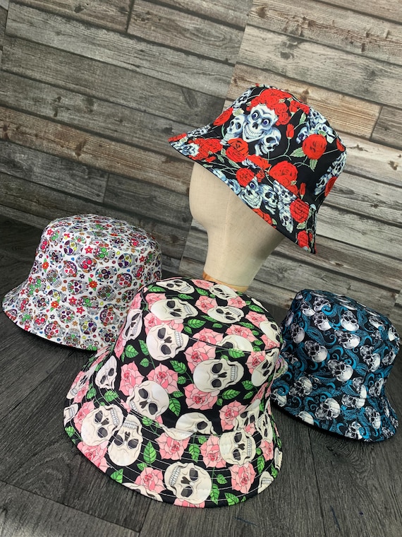 Reversible Skull Pattern Bucket Hat, 100% Cotton Unisex Summer Hat