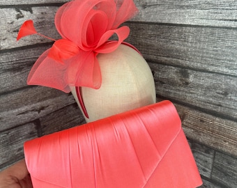 Coral Fascinator Hat and Clutch Bag Set: Feather Detail Races Weddings