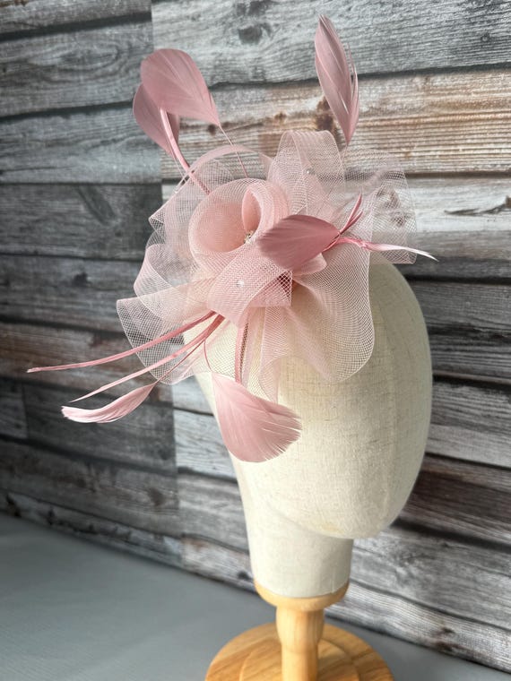 Rose Pink Floral Feather Wedding Fascinator Beige and Pink Fascinator with Feathered Elegance display picture 1