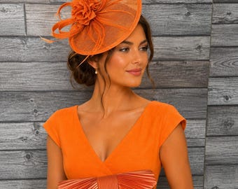 Orange Fascinator and Clutch bag Set, Handmade Bridal Hatinator Races Royal Ascot Wedding Hat