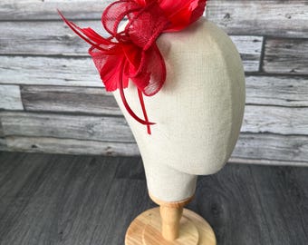 Red Fascinator: Small Mini Hat, Handmade Feather Headband, Races Weddings Kentucky Derby