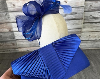 Royal Blue Fascinator Hat and Clutch Bag Set: Races Weddings Kentucky Derby