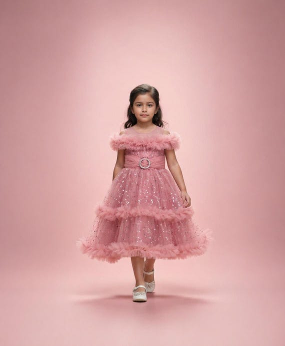 girl's glitter tulle ruffle hem dress reviews Blush Pink Satin Flower Girl – Off-shoulder Ruffles, Crystal Waist Accent friendly fabric