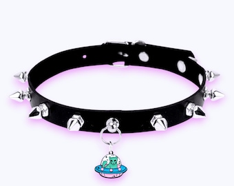 Alien Cat UFO Choker Necklace Cute Trippy Hippie Space Glorp Funny Meme