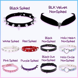 May include: A collection of ten chokers displayed in a grid. The styles include black, white, red, pink, and purple spiked chokers, a black velvet non-spiked choker, and holographic chokers featuring heart and circle metal ring accents.