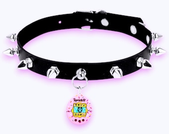 Tamagotchi Choker Necklace Leather Pink Anime Gacha Kawaii Emo Scene Goth Punk Y2K Retro Gamer Gift