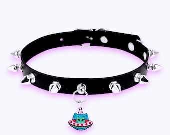 Alien Cat UFO Choker Necklace Cute Trippy Hippie Space Glorp Funny Meme